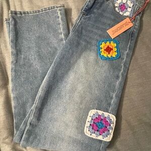 Blank NYC Blue Jeans with Colorful Crochet Patches NWT Size 12